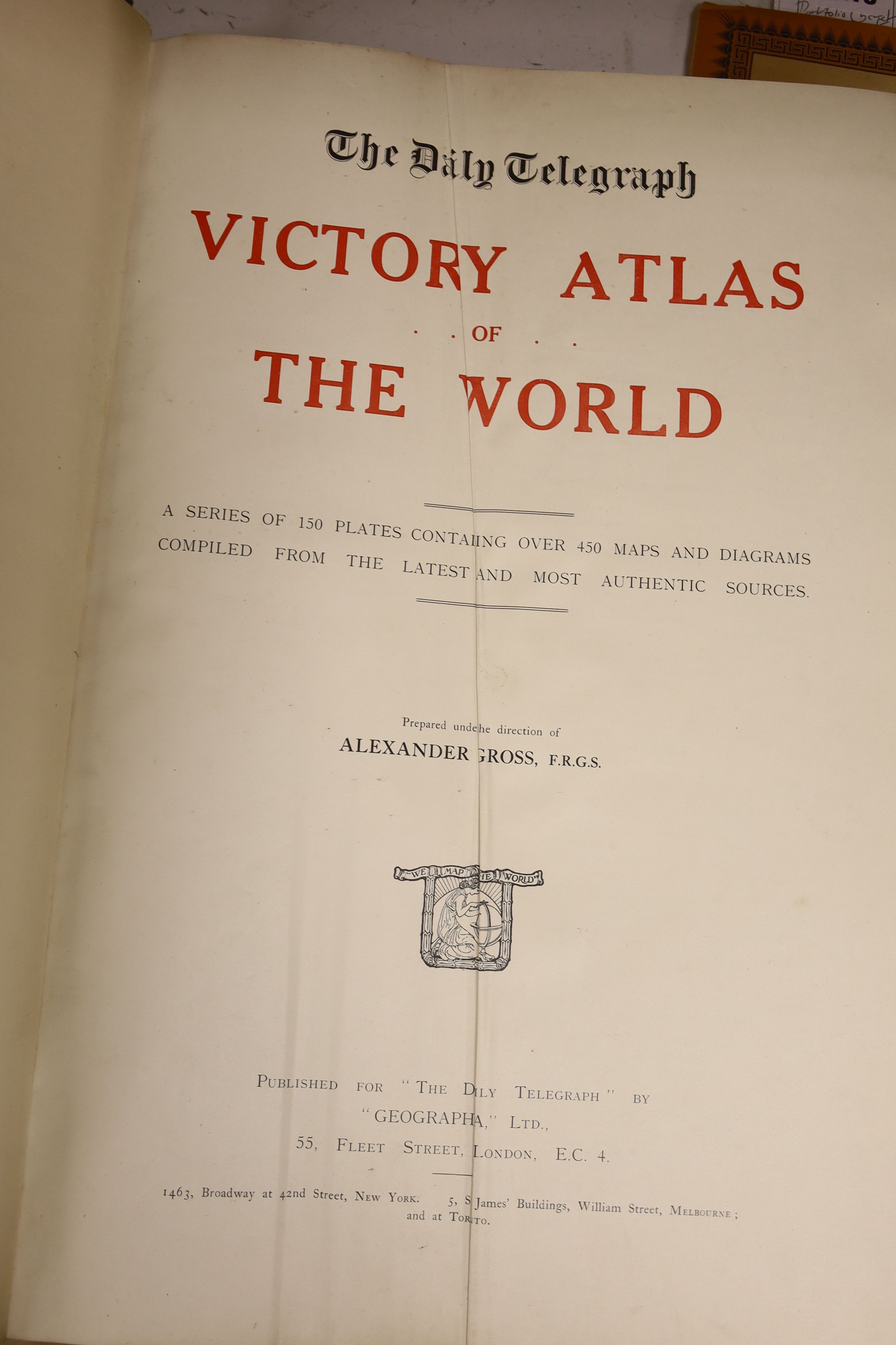 The Daily Telegraph Victory Atlas of The World …, many double page colour-printed maps; publisher’s gilt-lettered cloth, folio (?1920)